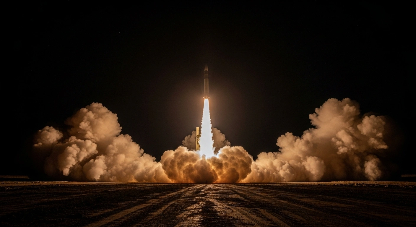 A powerful ballistic missile launches into a dark, starless night sky from a hidden military installation, with its fiery exhaust illuminating the surrounding desolate landscape and thick smoke billowing upwards, representing Iran's alleged nighttime military activity and missile tests.