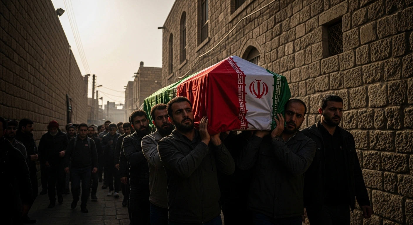 A solemn procession of mourners carries a flag-draped coffin through a dimly lit, ancient city street at dawn, symbolizing Iran's national mourning for security personnel and 'martyrs' amidst ongoing nationwide protests and calls for national resistance.