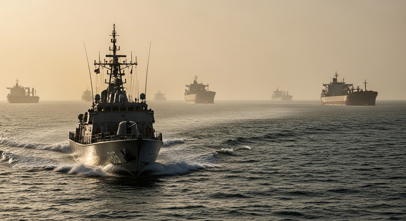An Iranian naval patrol boat intercepts commercial cargo ships in the Strait of Hormuz during a maritime security operation.