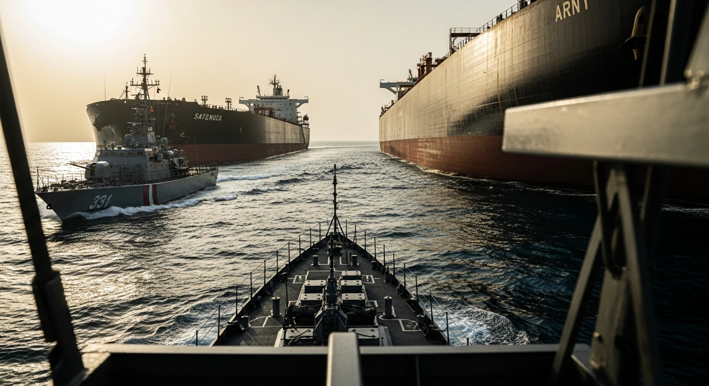 An Iranian naval patrol boat monitors a large commercial cargo ship navigating the Strait of Hormuz during a period of regional maritime tension.