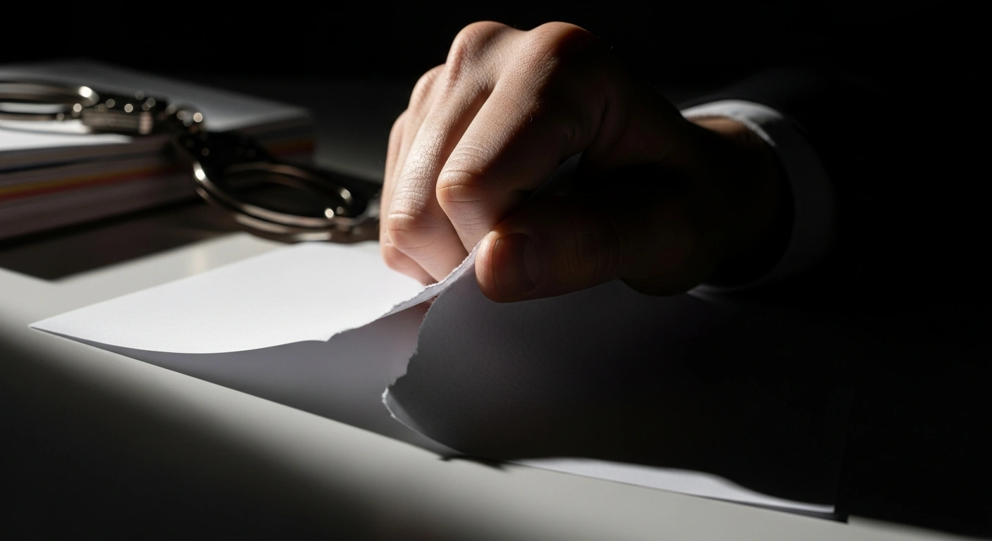 A powerful, authoritative hand tears a sheet of paper, symbolizing the suspension of the pro-reform newspaper Ham-Mihan by Iranian authorities, with blurred handcuffs and financial ledgers in the background representing the targeting of business leaders like Mohammad Saedinia for supporting unrest.