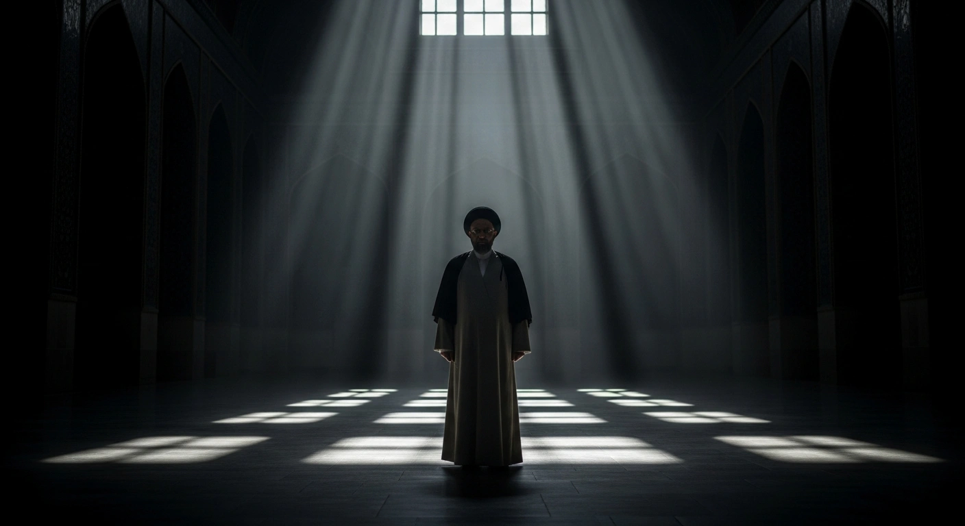 A solitary, imposing figure stands rigidly in a vast, stark, institutional chamber under harsh, directional light, with deep shadows obscuring parts of their face, symbolizing Iran's judiciary chief announcing a stricter approach to pardons for protest detainees.