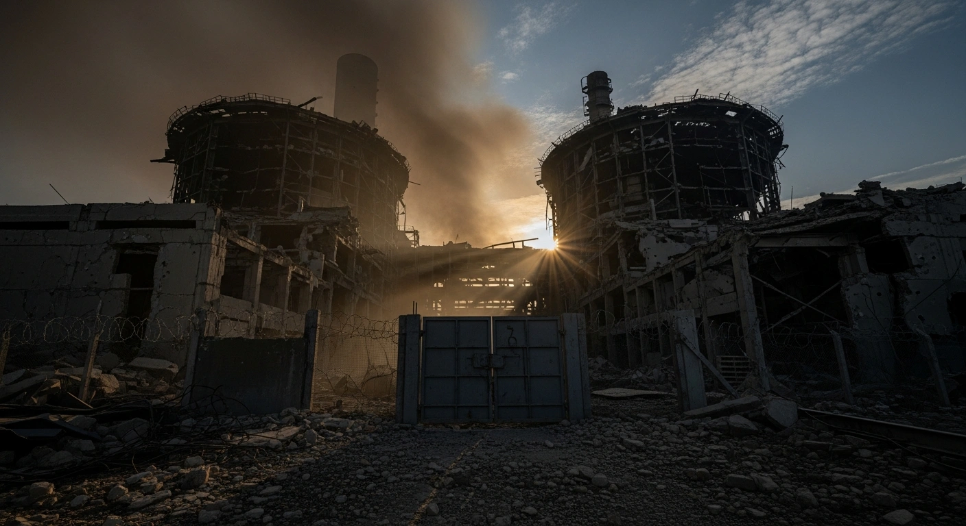A wide, low-angle shot depicts the skeletal remains of a heavily damaged industrial facility under a bruised twilight sky, with smoke and dust obscuring parts of the scene, and a locked, rubble-strewn gate in the foreground, symbolizing Iran's denial of access to facilities and the IAEA's resulting loss of continuity of knowledge regarding Iran's uranium enrichment activities.