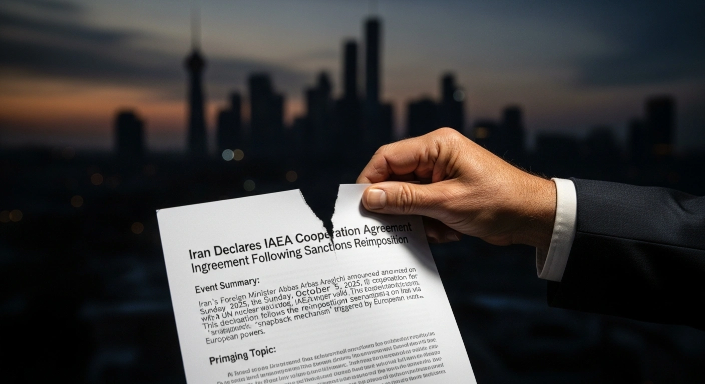 A close-up image depicts a hand tearing a formal document, symbolizing Iran's declaration that the Cairo agreement with the UN nuclear watchdog, IAEA, is no longer valid, amidst the reimposition of international sanctions by European powers.