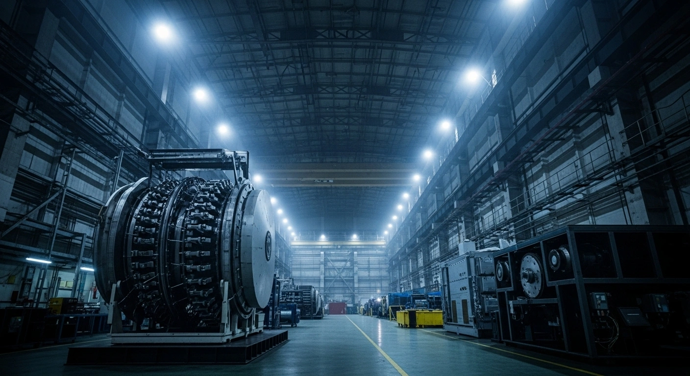 A dimly lit, vast subterranean industrial complex features an intricate piece of advanced machinery, possibly a uranium enrichment centrifuge array, partially obscured by shadows and highlighted by emergency floodlights, symbolizing Iran's potential nuclear capabilities and determination.