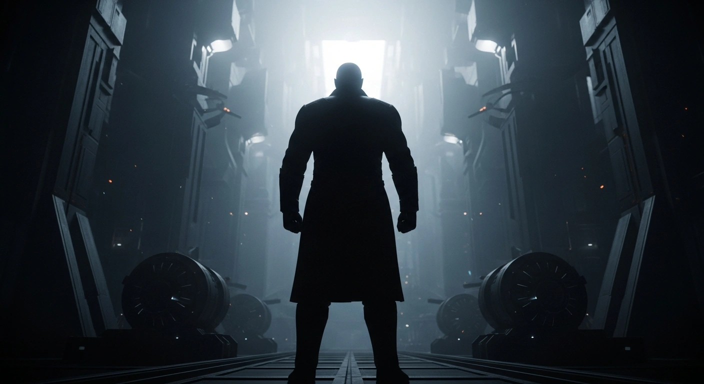 A stern, authoritative figure stands with their back to the camera, overlooking a vast, dimly lit industrial complex with towering metallic structures, symbolizing Iran's refusal to curb its nuclear and missile programs despite Western demands and the risk of renewed conflict.