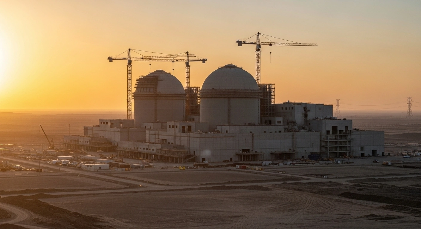 A colossal, futuristic nuclear power plant, the 'Iran Hormoz' project with a planned capacity of 5,000 megawatts, is shown under construction in a vast, arid desert landscape, symbolizing Iran's long-term nuclear energy strategy and its entry into the design and equipment phase with Russian cooperation.