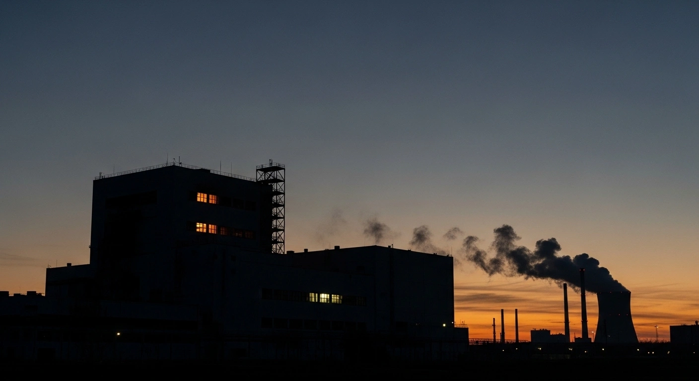 A wide, low-angle shot of a partially damaged Iranian industrial nuclear facility at twilight, with harsh artificial light emanating from within and faint smoke rising from a distant stack, symbolizing the program's continued advancement despite recent US and Israeli airstrikes and rising international tensions over uranium enrichment levels.