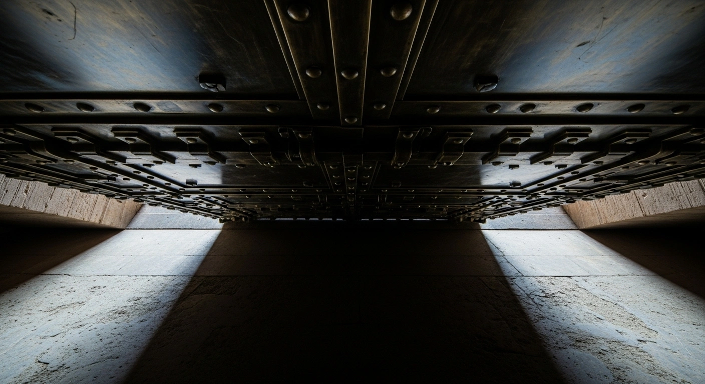 A massive, ornate, and heavily bolted dark bronze metal door stands firmly shut, reflecting a cold blue light, symbolizing the stalled nuclear talks between Iran and European powers following the reimposition of UN sanctions via the JCPOA's snapback mechanism.