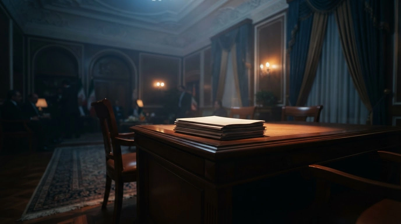 A formal diplomatic setting in Tehran represents the Iranian government's commitment to the Nuclear Non-Proliferation Treaty.