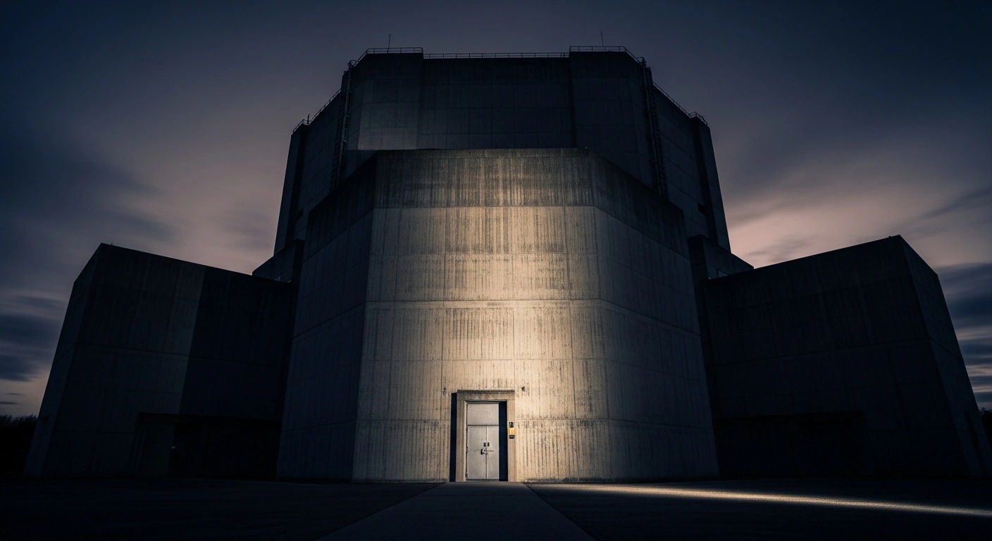 A concrete nuclear facility with a slightly ajar steel door stands under a bruised twilight sky, symbolizing Iran's withdrawal from the Cairo Agreement and nuclear safeguards deal with the IAEA following a new resolution.