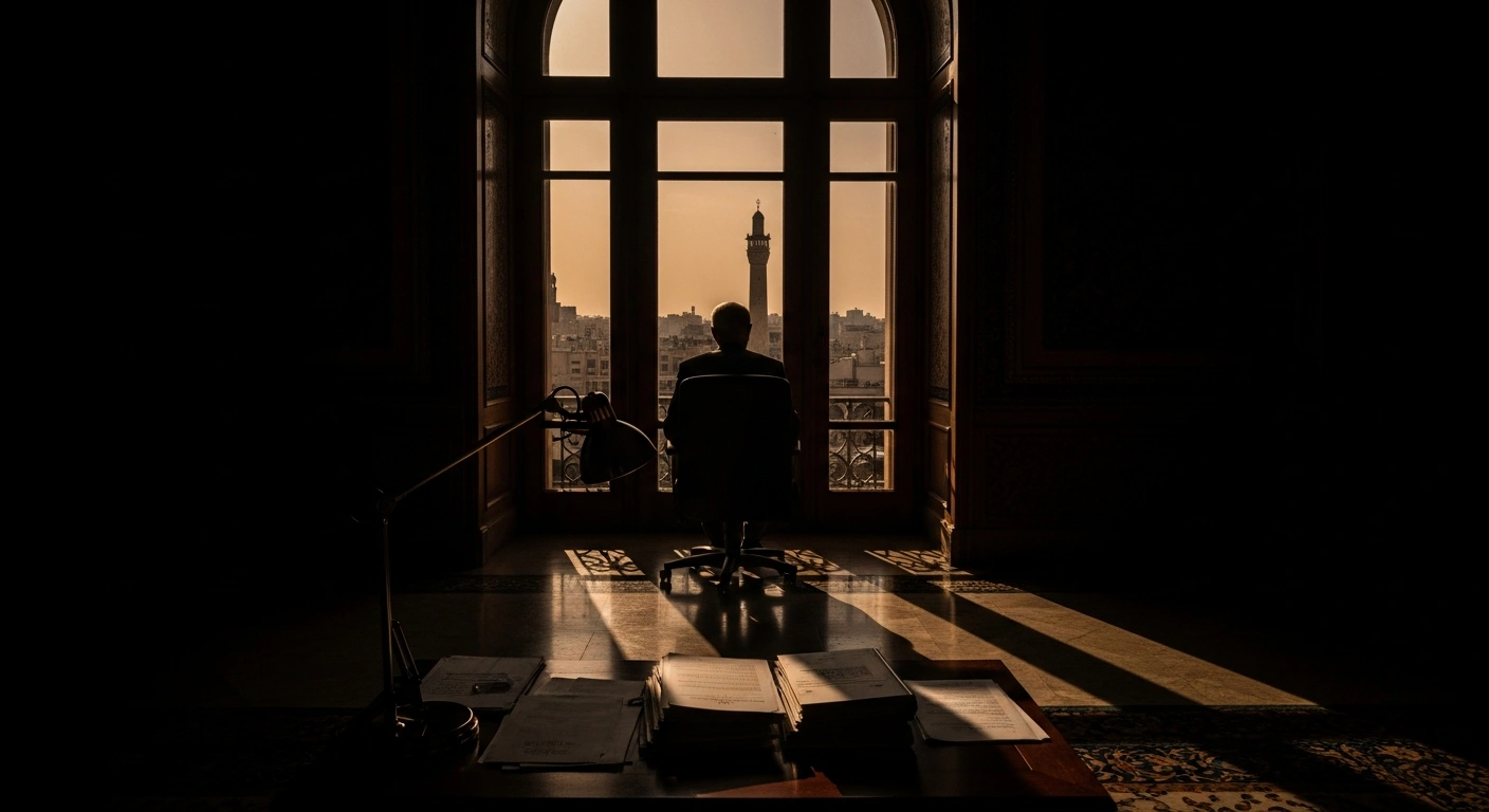 A solitary, aging Iranian official is silhouetted against a window overlooking a dimly lit city with an orange haze, while a harsh desk lamp illuminates urgent documents, conveying the nation's 'survival mode' amidst protests, economic hardship, and international pressure, as discussed in an emergency meeting of the Supreme National Security Council.