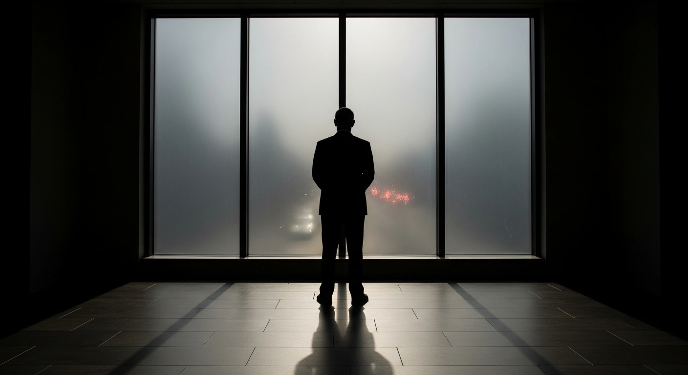 A silhouetted figure, representing an Iranian official or telecommunications leader, stands before a window, with the blurred, distant lights of suppressed protests visible outside, symbolizing the United States' new visa restrictions enacted by Secretary of State Marco Rubio against 18 Iranian officials for human rights violations and suppression of free expression.
