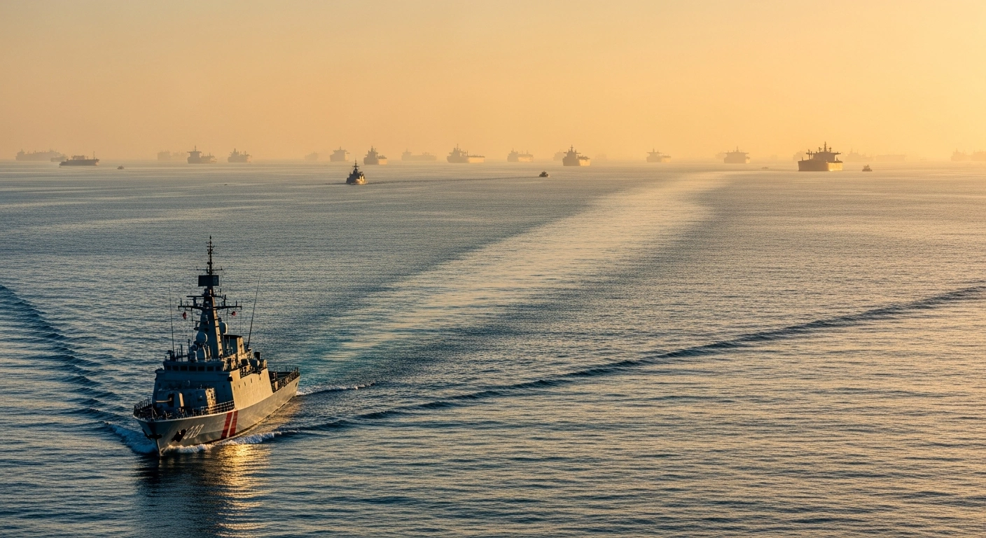A naval patrol vessel navigates the Strait of Hormuz as part of a collaborative security initiative between Iran and Oman to ensure maritime stability.