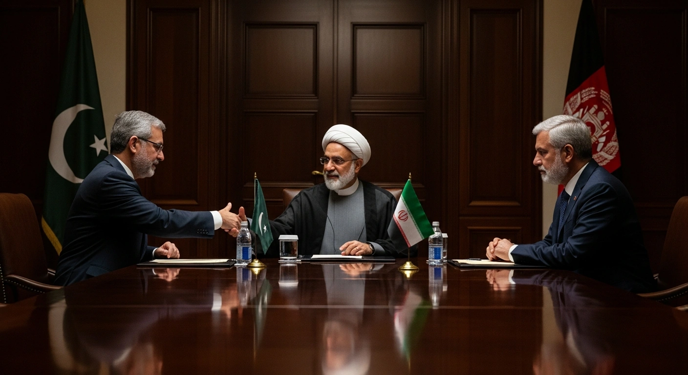 Three diplomatic figures representing Iran, Pakistan, and Afghanistan are seated around a polished table in a dimly lit chamber, engaged in mediation talks to resolve border clashes.