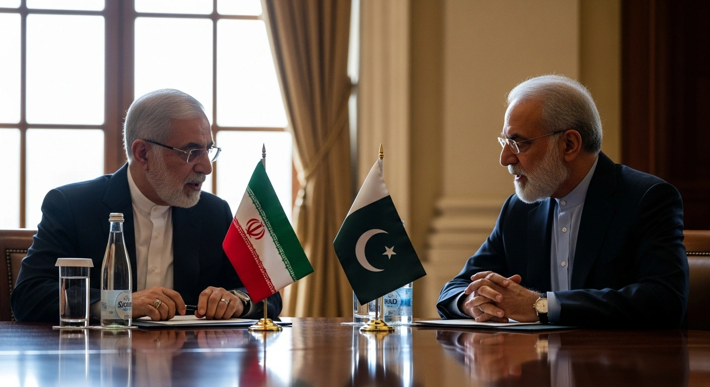 Iranian Supreme National Security Council Secretary Ali Ardeshir Larijani and a high-ranking Pakistani official are depicted in a formal, high-level meeting in Islamabad, engaged in discussions about economic cooperation, the Iran-Pakistan gas pipeline, and regional stability.
