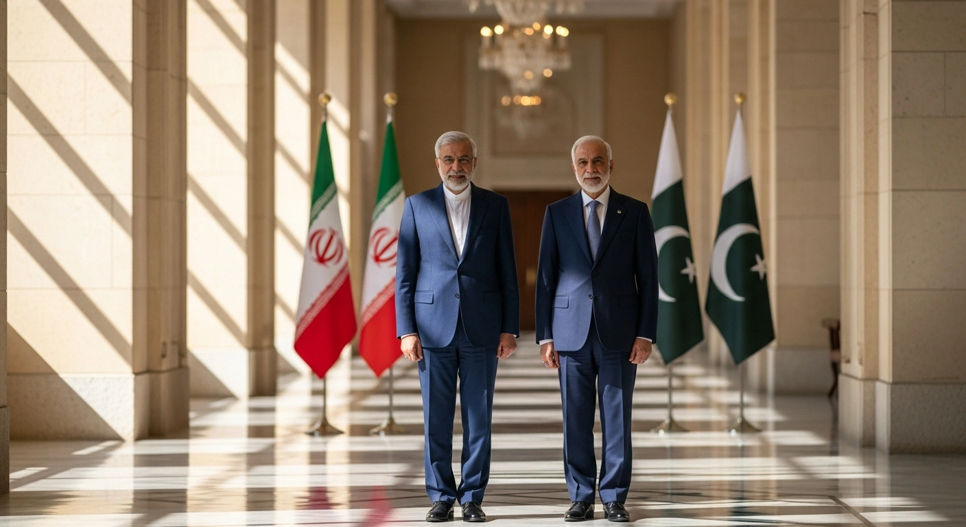 Iranian Interior Minister Eskandar Momeni and Pakistani Prime Minister Shehbaz Sharif stand together during a diplomatic meeting in Islamabad to discuss regional security.