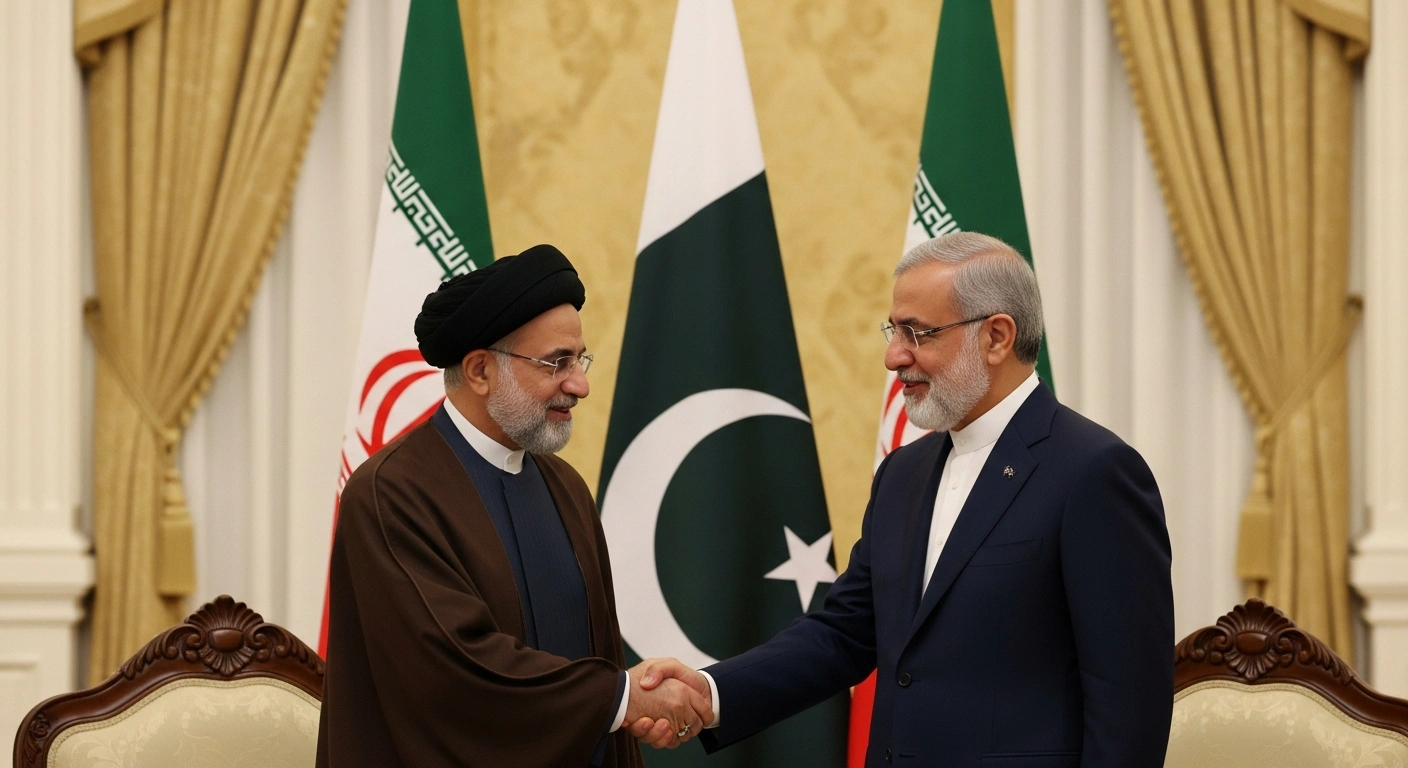 Iranian Parliament Speaker Mohammad Bagher Qalibaf and a Pakistani official shake hands in a formal setting, with their national flags in the background, symbolizing their official visit to Islamabad to strengthen trade, political, and security cooperation.