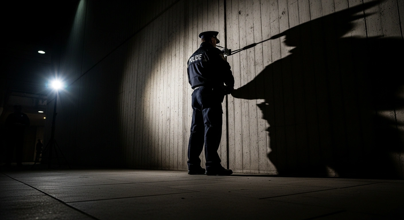 A low-angle shot depicts a stern, uniformed police chief standing before a stark concrete wall under harsh artificial light, symbolizing the severe legal consequences threatened by Iran's National Police Chief Ahmad-Reza Radan against anti-government protestors.