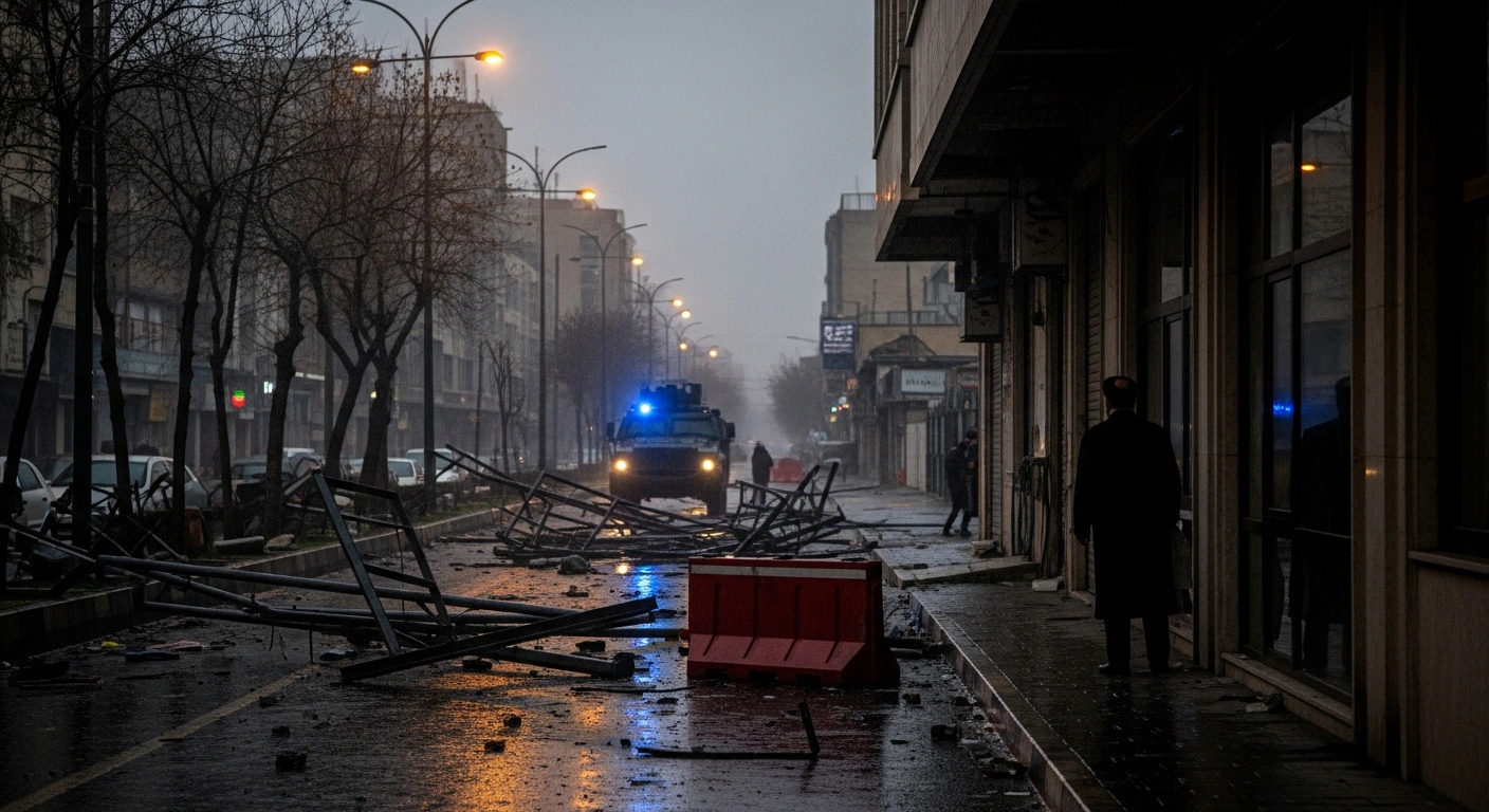 A wide, low-angle shot captures a desolate, rain-slicked street in an Iranian city at dawn, showing overturned barricades and debris after anti-government protests, with a distant armored vehicle and a silhouetted figure in a window, symbolizing the country's political fractures and security crackdowns amidst 'war conditions'.