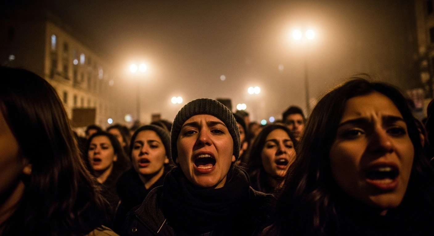 A low-angle, wide shot shows a dense crowd of Iranians protesting at night, their determined faces illuminated by streetlights, reflecting the calls for coordinated action and a general strike against the current regime amidst widespread unrest.