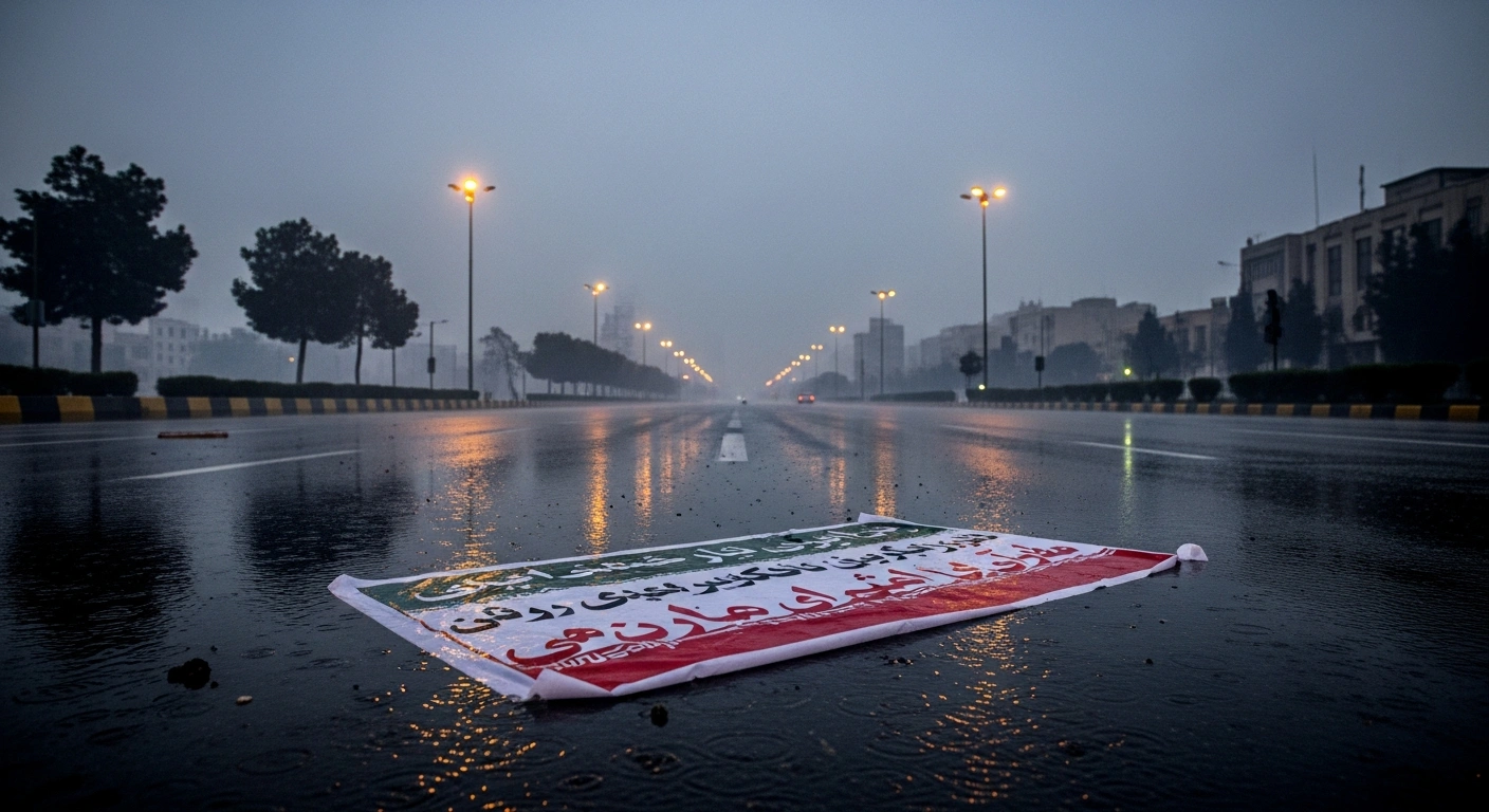 A desolate, rain-slicked street in an Iranian city at twilight, with a tattered protest banner lying in a puddle, symbolizing the severe response to nationwide protests where over 4,000 people were killed and more than 26,000 detained.