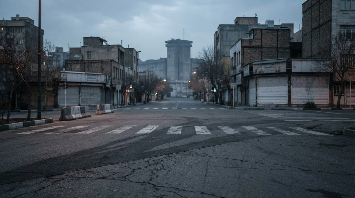 A somber urban scene represents the judicial execution of a man convicted during Iranian civil protests.