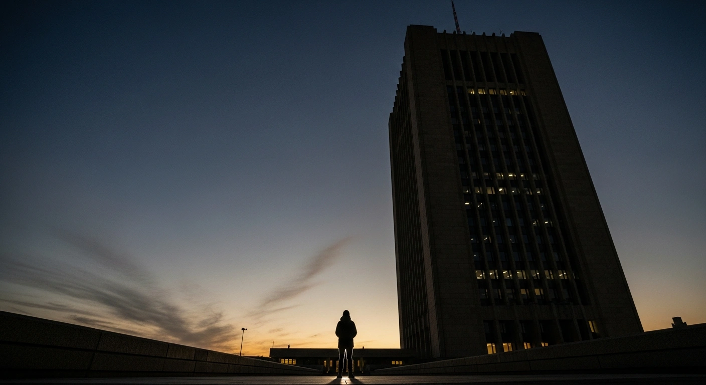 A lone, silhouetted figure stands defiantly against a towering, brutalist government building under a bruised, twilight sky, symbolizing the ultimatum issued by Iran's National Police Chief, Ahmad-Reza Radan, to protesters facing severe legal consequences amidst an economic crackdown.