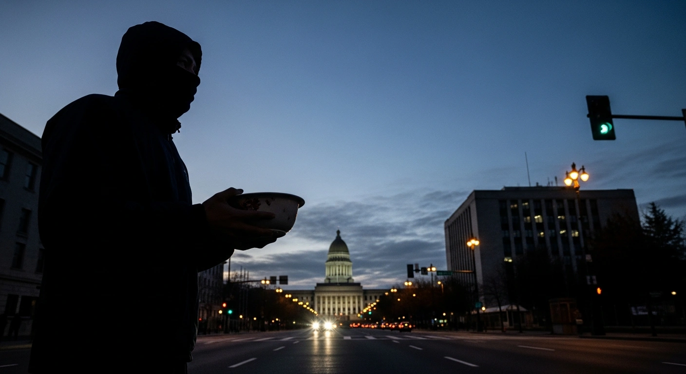 A lone figure, silhouetted against a city street at dusk, holds an empty bowl, symbolizing economic hardship and protests in Iran, with an imposing government building casting ominous shadows in the background, reflecting the Prosecutor General's warning of a decisive response against insecurity and property damage.