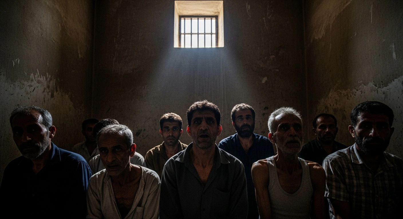 A stark, high-contrast image inside a dimly lit, overcrowded cell within Iran's Qezel Hesar Prison, showing gaunt death-row prisoners on a mass hunger strike in October 2025, protesting a surge in executions amidst widespread economic unrest.