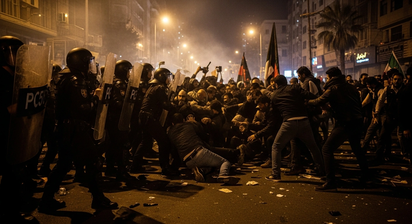 A low-angle, wide shot captures a night protest in an Iranian city, showing determined protestors confronting riot-clad security forces amidst smoke and scattered debris, reflecting the nationwide unrest over economic hardship and the reported use of lethal tactics.