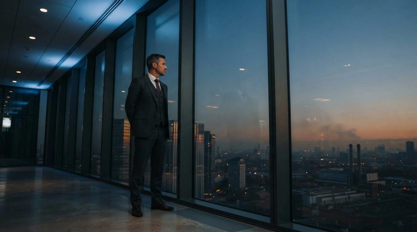 A lone diplomat stands in a modern government building looking out a window as Iran seeks information from Qatar regarding missing pilots.