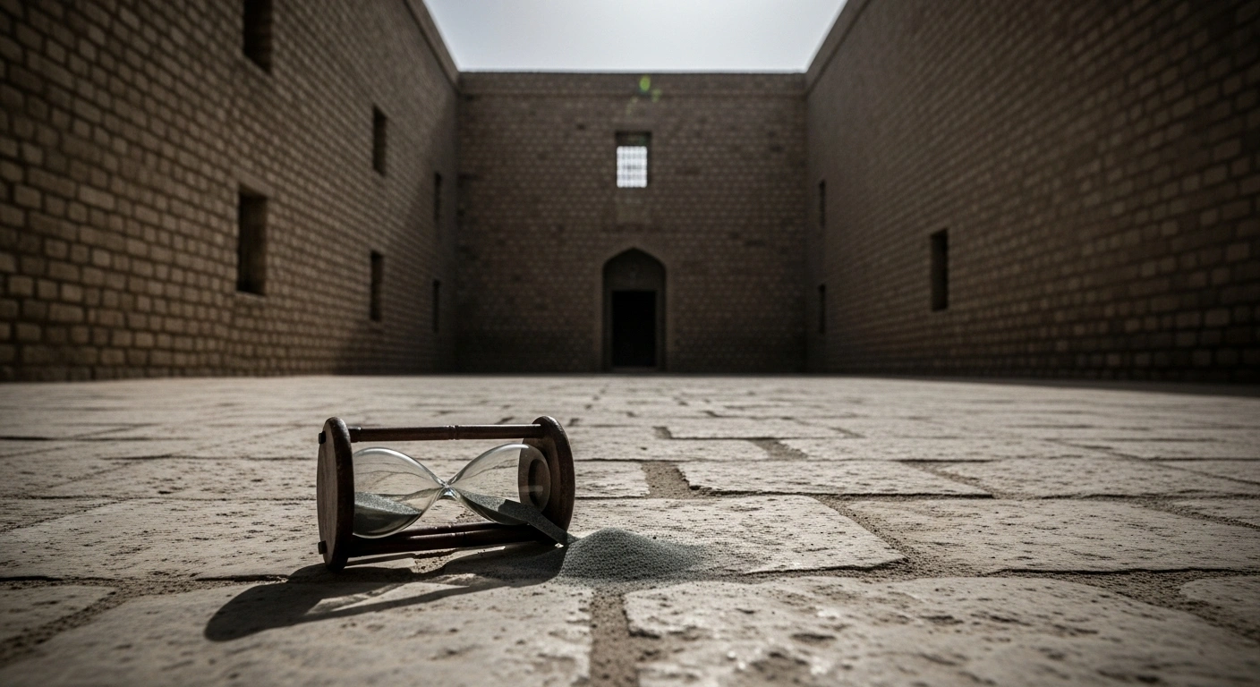 A stark, low-angle photograph shows the weathered stone walls of a desolate prison courtyard, illuminated by a single bare bulb casting long shadows, with a broken hourglass on the cold ground, symbolizing the execution of an individual in Iran's Qom Prison for espionage for Israel's Mossad.