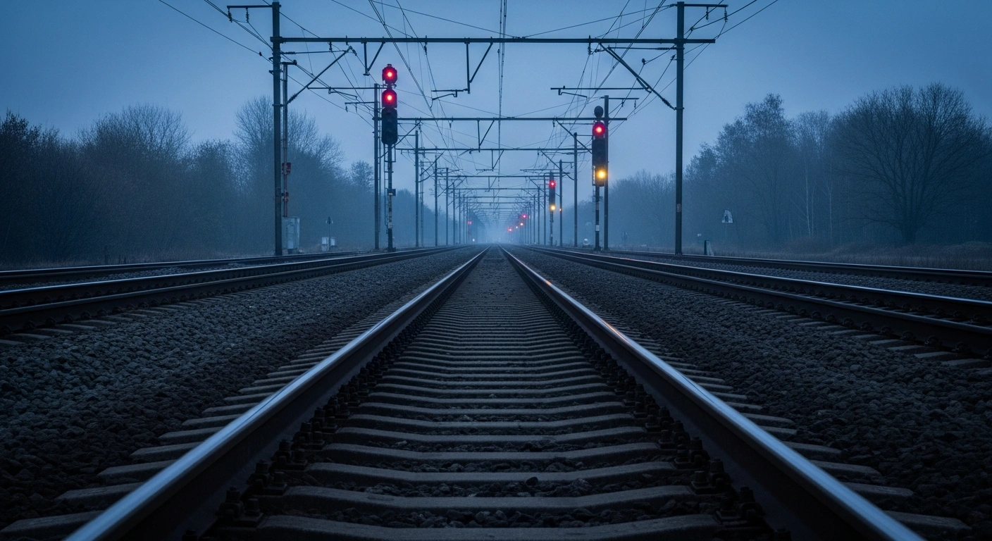 An empty, industrial railway track in Iran is shown under a dim, twilight sky as regional tensions create safety concerns for travelers.