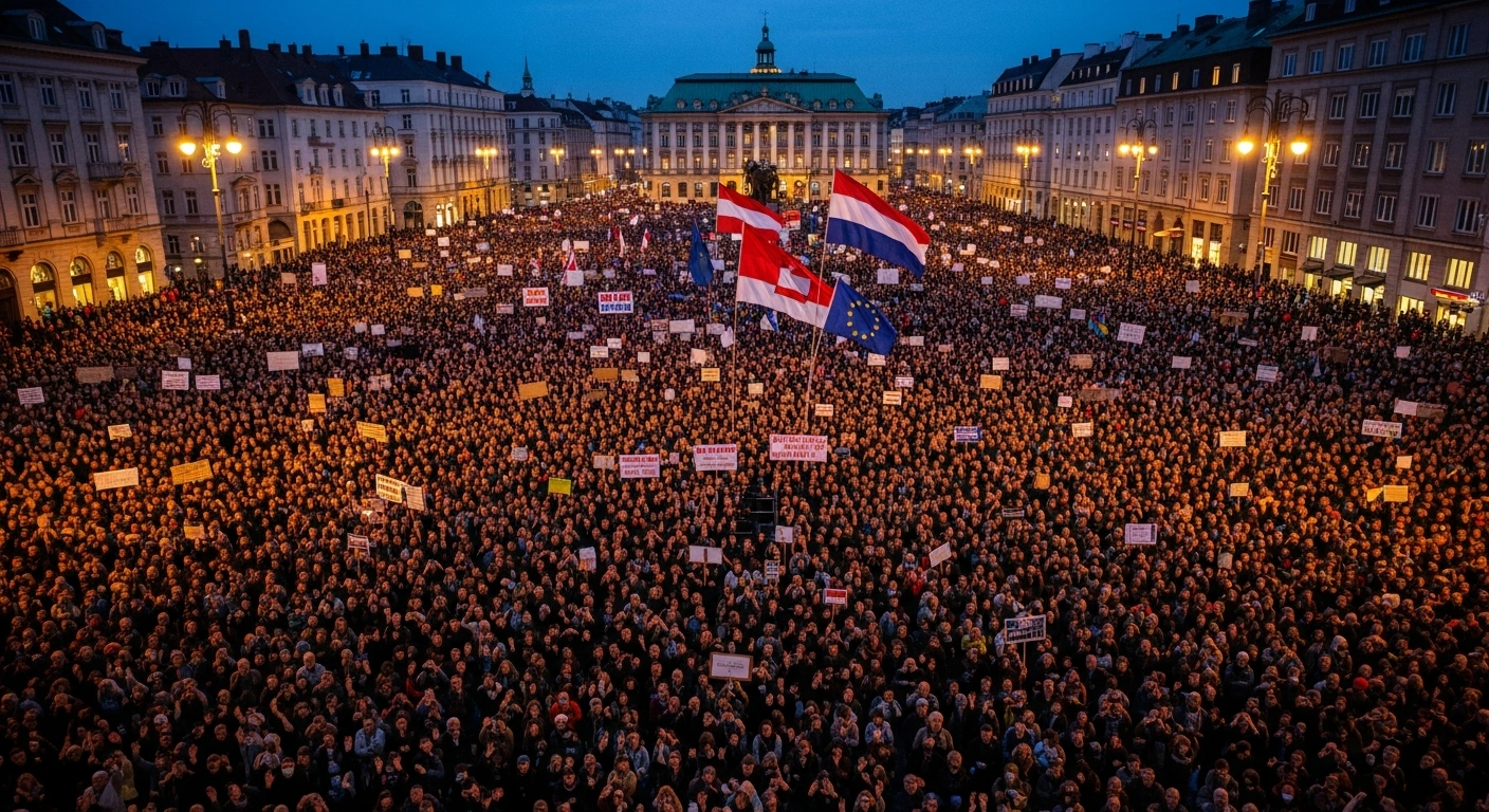 Hundreds of thousands of people rally in a vast city square at twilight, demonstrating for regime change in Iran and urging international leaders to increase pressure on Tehran, following Crown Prince Reza Pahlavi's call for a global day of action.