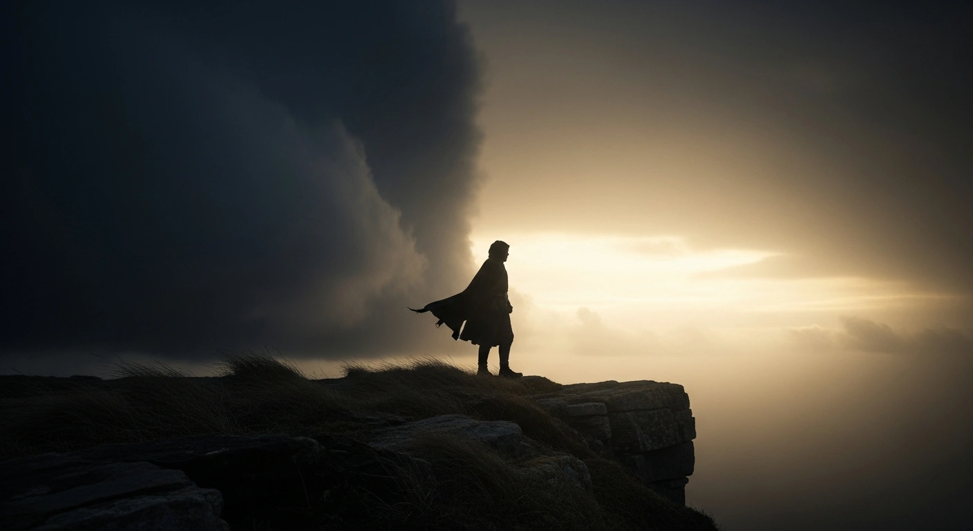 A lone, resolute figure stands defiantly on a cliff edge against a stormy sky with a glimmer of dawn, symbolizing Iran's steadfast resistance transforming surrender demands into a ceasefire and its resolve against economic war and sanctions.