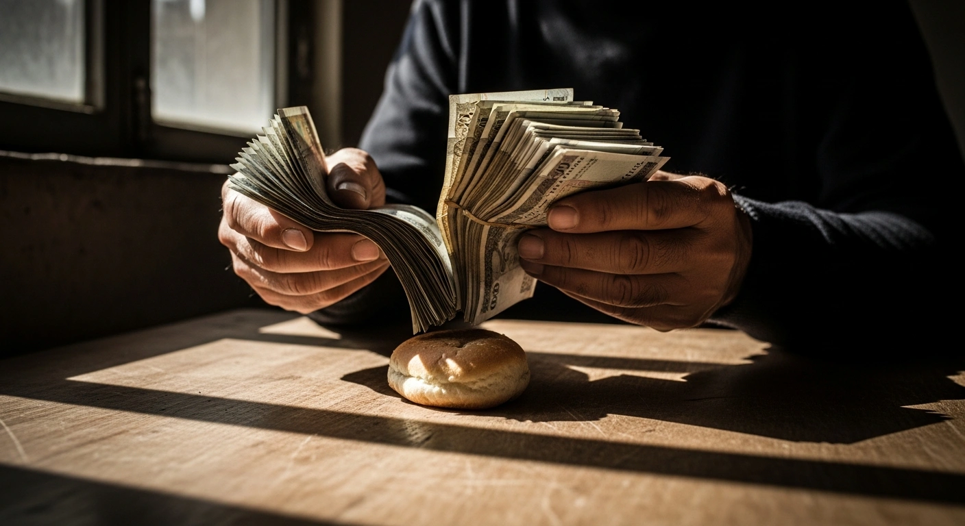 Weathered hands meticulously count a large stack of Iranian rial banknotes next to a single loaf of bread on a wooden table, illustrating the sharp depreciation of Iran's rial currency and intensifying inflationary pressures on food prices.