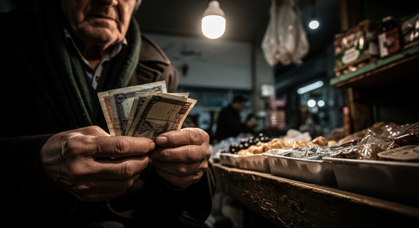 An elderly Iranian citizen holds a small, crumpled stack of Iranian rial banknotes, symbolizing the country's economic hardship and the plunging value of its currency against the US dollar on the black market, following the reinstatement of UN sanctions.