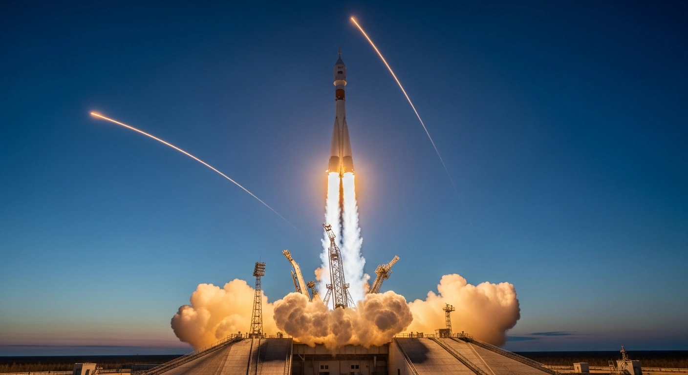 A Russian Soyuz rocket launches from the Vostochny Cosmodrome, its engines glowing brightly as it ascends into the twilight sky, carrying three Iranian satellites—Zafar-2, Paya, and an upgraded Kowsar—into Low Earth Orbit for Earth observation, agriculture, and environmental monitoring.