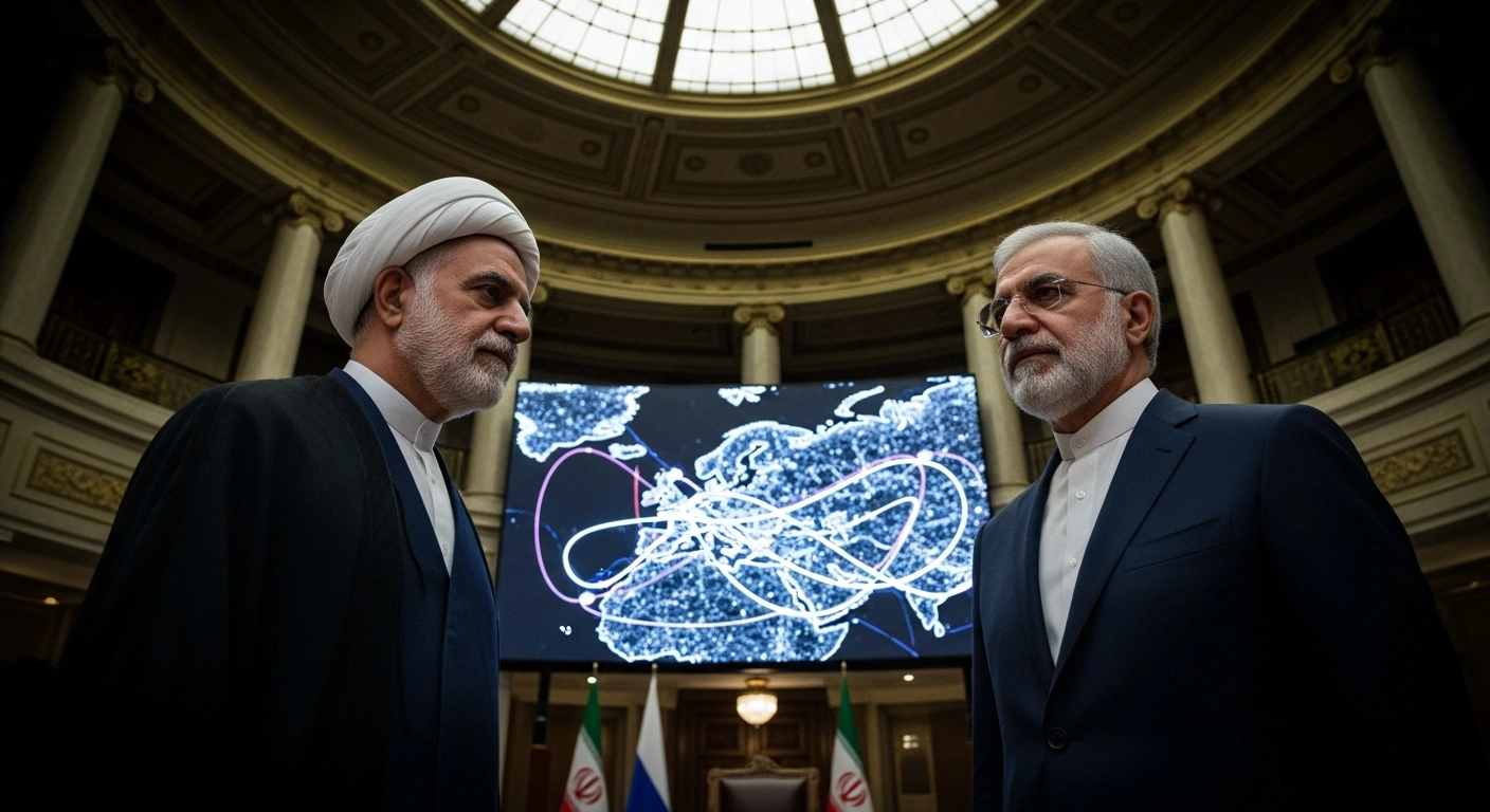 Iranian and Russian parliamentary leaders stand shoulder-to-shoulder in a grand hall, illuminated by a map displaying intertwined economic and energy pathways, symbolizing their reinforced bilateral cooperation.