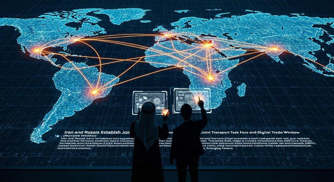 A wide shot depicts two silhouetted figures, one in Middle Eastern attire and one in Eastern European attire, standing before a glowing holographic digital map of interconnected trade routes, symbolizing the Iran-Russia agreement to create a joint transport task force and digital single window for trade, bolstering the International North-South Transport Corridor (INSTC) and streamlining bilateral commerce while navigating international sanctions.