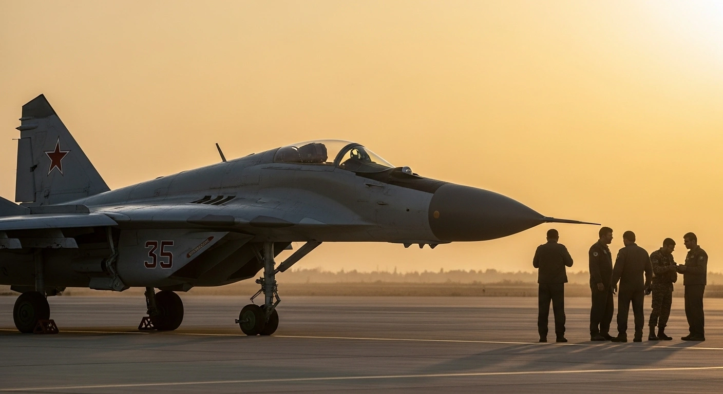 A Russian MiG-29 fighter jet is parked on a tarmac in Iran at dusk, with Iranian air force personnel observing it, symbolizing Iran's short-term measure to bolster its aging air force with fourth-generation aircraft.