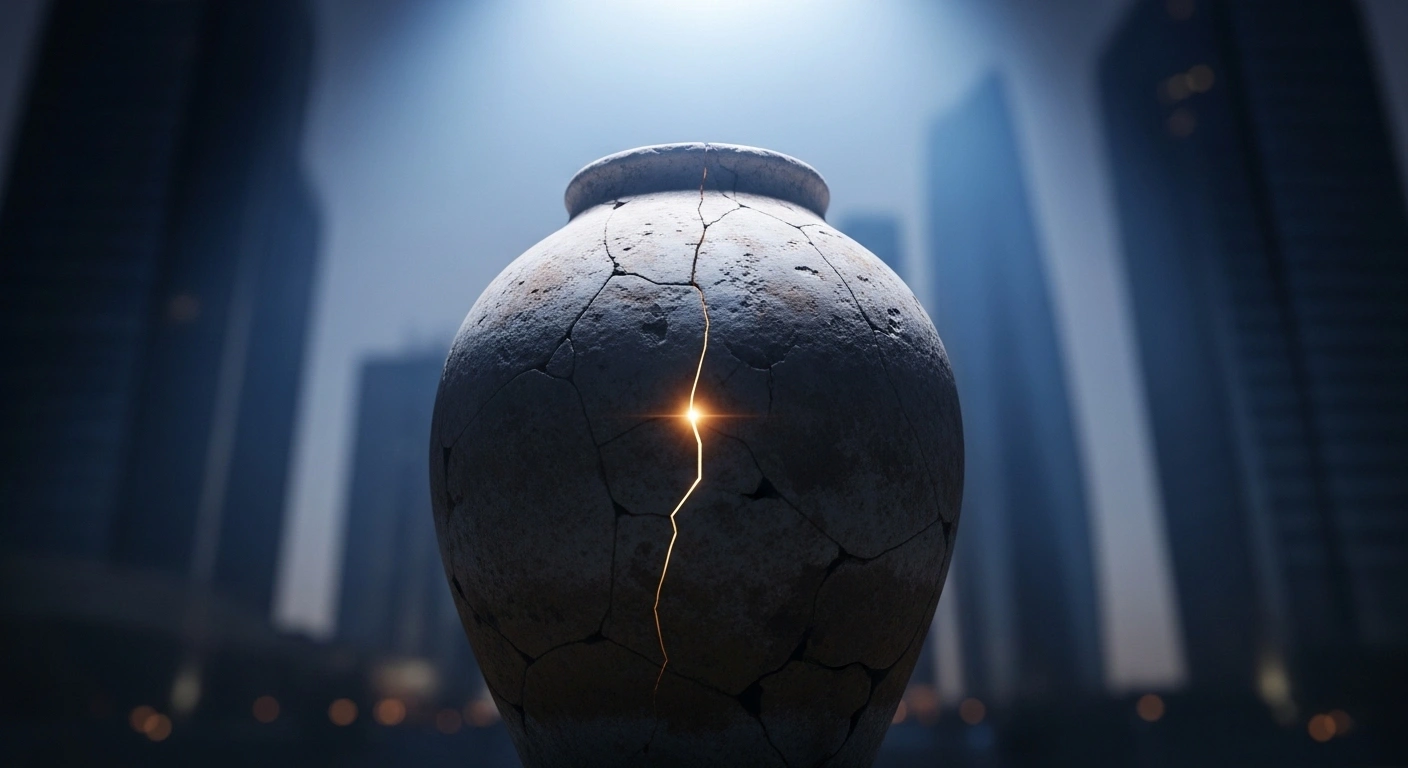 An ancient Persian ceramic jar, symbolizing Iran, stands under a cold overhead light, representing the reimposed United Nations sanctions and financial pressures, with a subtle crack indicating strain, while a faint internal glow suggests Iran's efforts to approve a Combating the Financing of Terrorism convention.