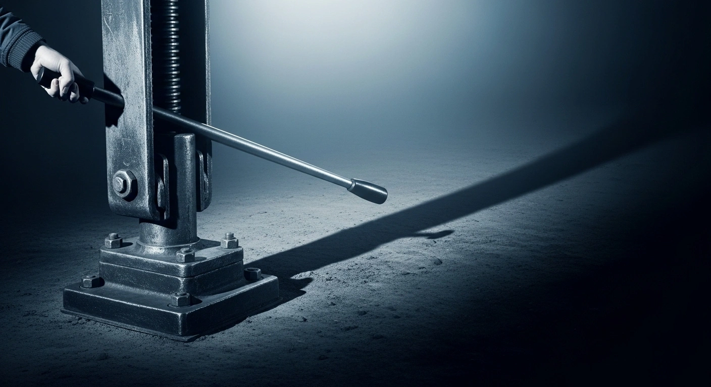 A close-up shot of a heavy, weathered steel lever being pulled down, symbolizing the reimposition of international sanctions on Iran following the UN Security Council's failure to delay the snapback mechanism and Iran's non-compliance with the 2015 nuclear deal.
