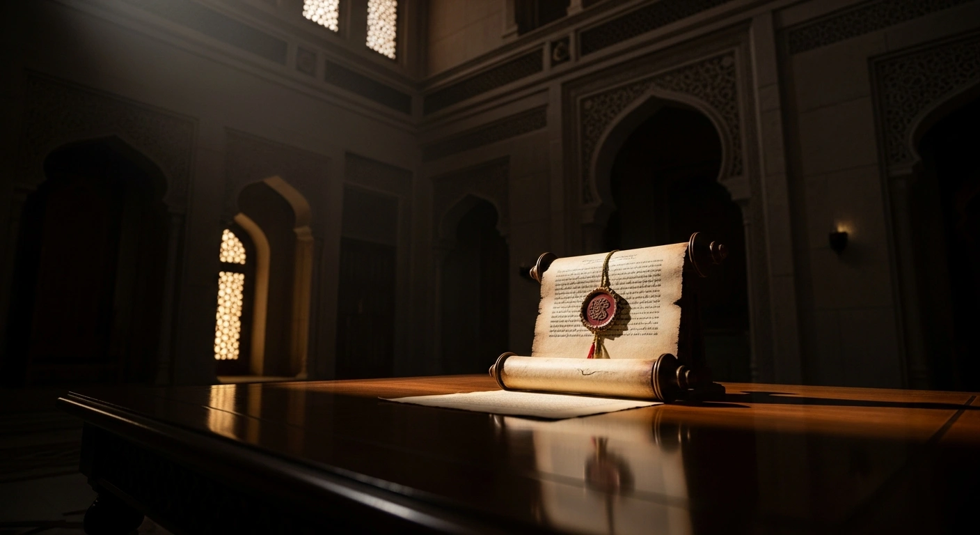 An ornate, sealed scroll, symbolizing a diplomatic letter from the Iranian President to the Saudi Crown Prince regarding nuclear negotiations with the Donald Trump administration, rests on a polished table in a grand, dimly lit chamber.