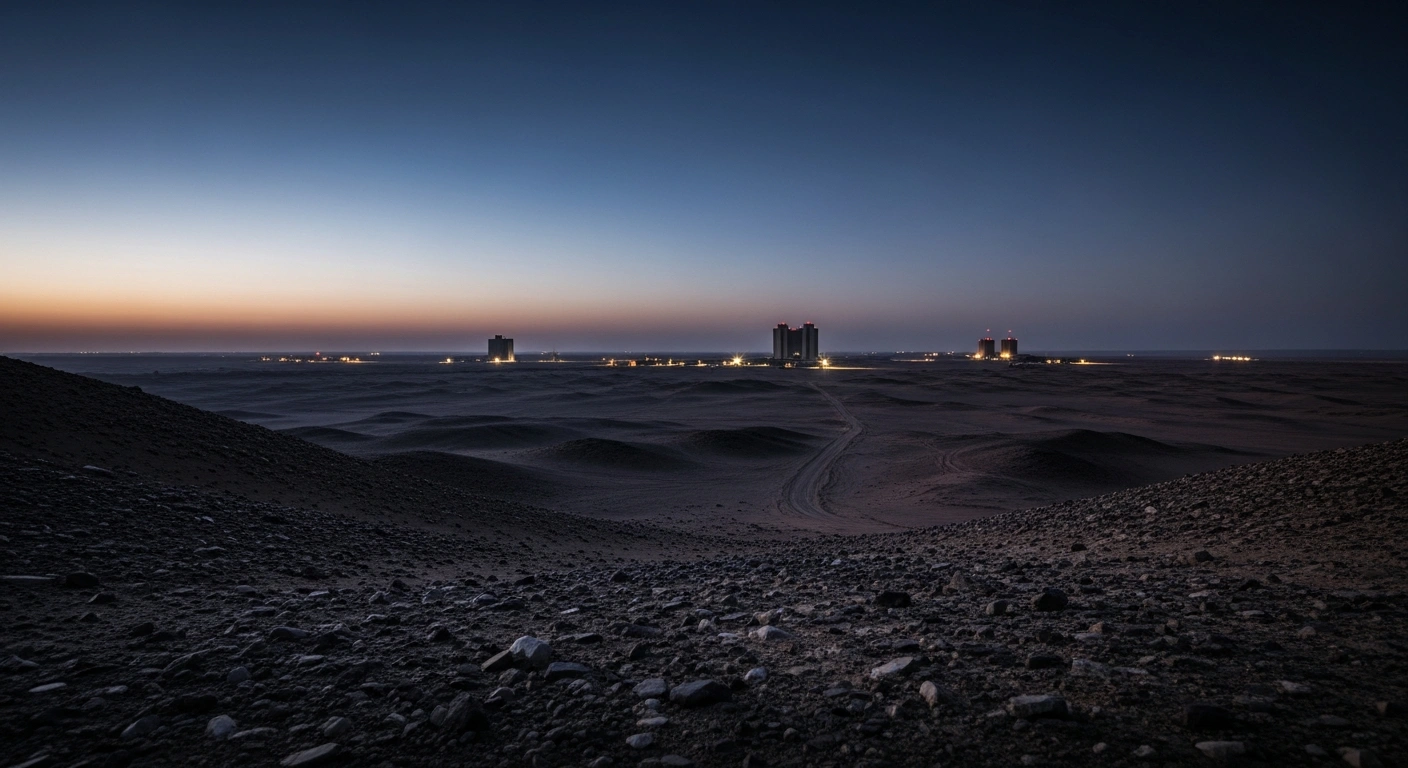 A wide-angle view of a desert landscape at dusk representing the geopolitical tension between Iran and Saudi Arabia over the presence of United States military forces in the Middle East.