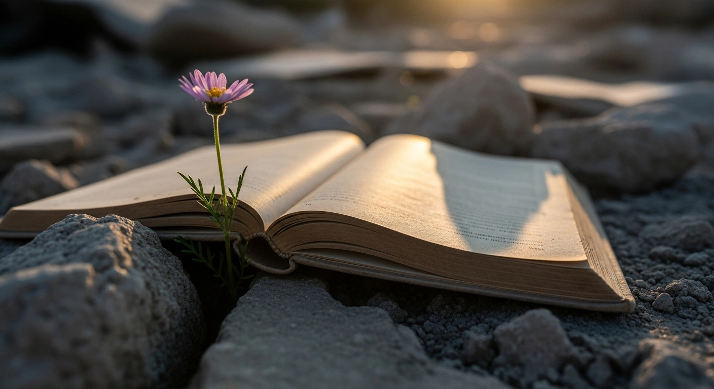 A poignant close-up of a dusty, open child's schoolbook resting on rubble, with a small, delicate flower growing beside it, symbolizing the tragic aftermath of an attack on a girls' school in Minab, Iran, which prompted condemnation from the Belarusian Ministry of Foreign Affairs and calls for diplomatic solutions.