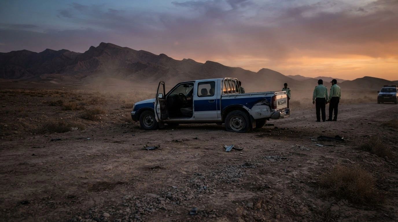A damaged security vehicle sits on a remote desert road in Iran's Sistan-Baluchestan province following a targeted attack on police forces.