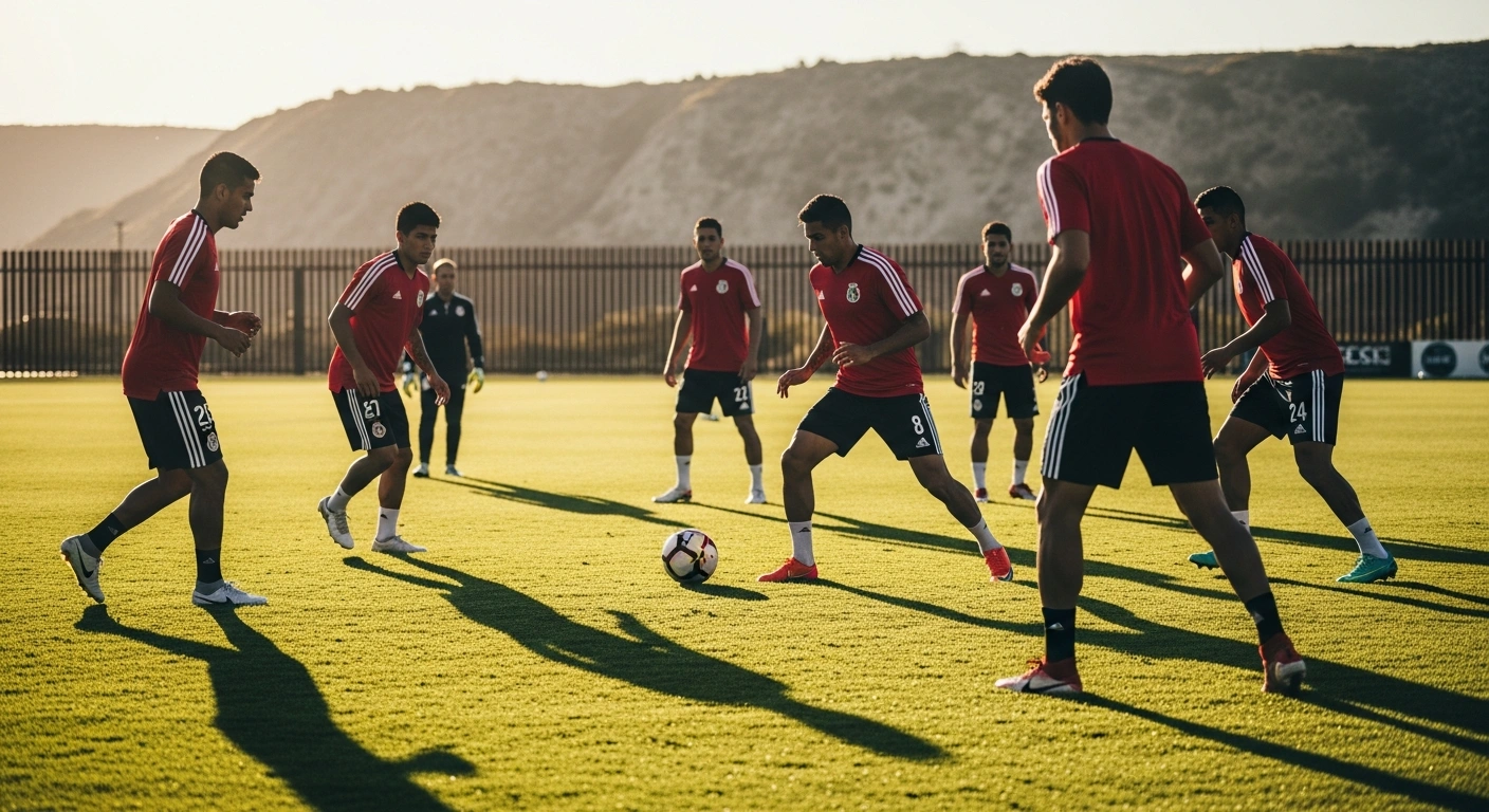 Members of the Iranian national soccer team conduct a training session on a field in Tijuana, Mexico, as they prepare for the 2026 World Cup.