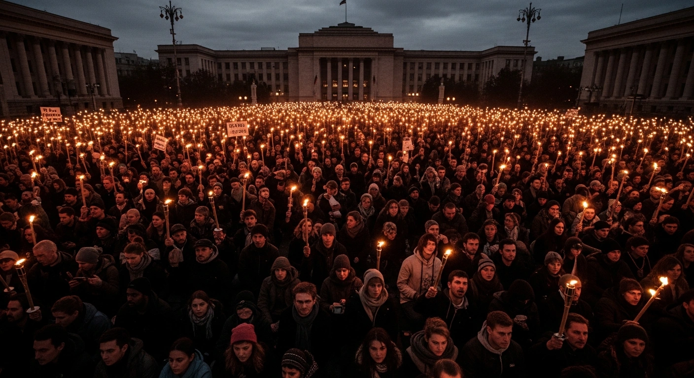 A large crowd of people gathers in a city square for a state-sanctioned demonstration in Iran to project national resilience during regional conflicts.